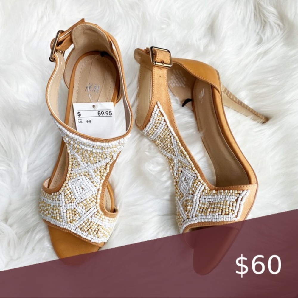 White and Beige Beaded Open Toe Heel
